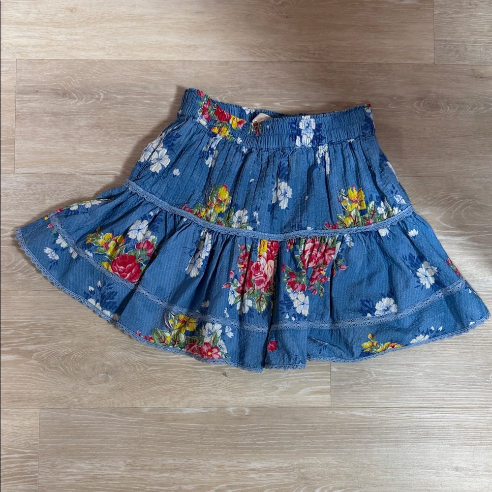 LoveShackFancy Blue Floral A-Line Tiered Skirt